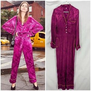 Free People Satin Jacquard Pajama Jumpsuit Magenta Yellow Piping Medium